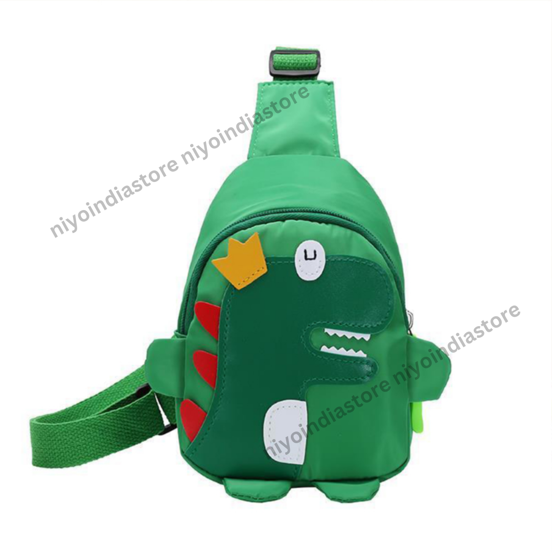 Colorful Dino-King bag for children with fun dinosaur design and adjustable strap