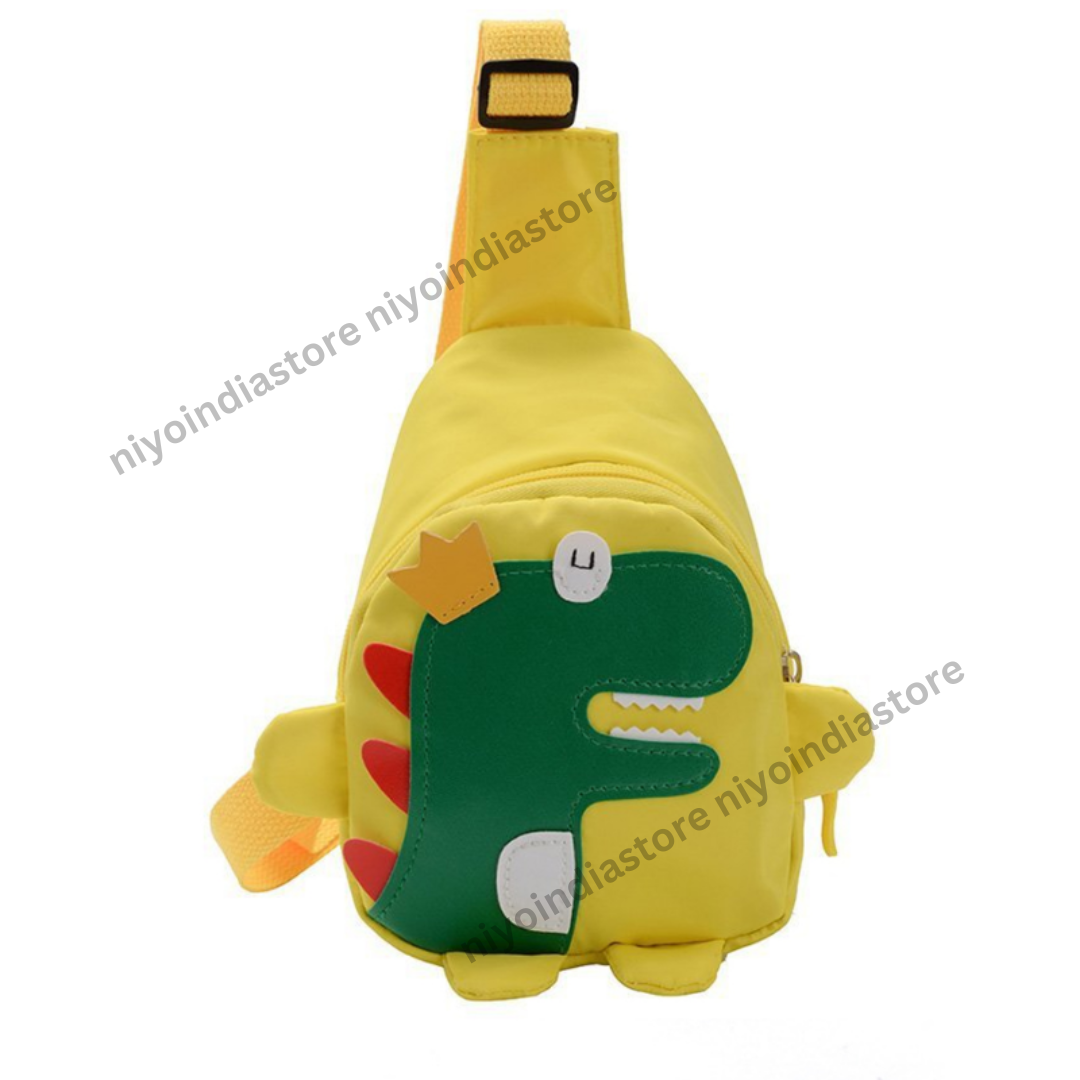 Bright yellow Dino-King bag for children featuring fun dinosaur design and adjustable strap