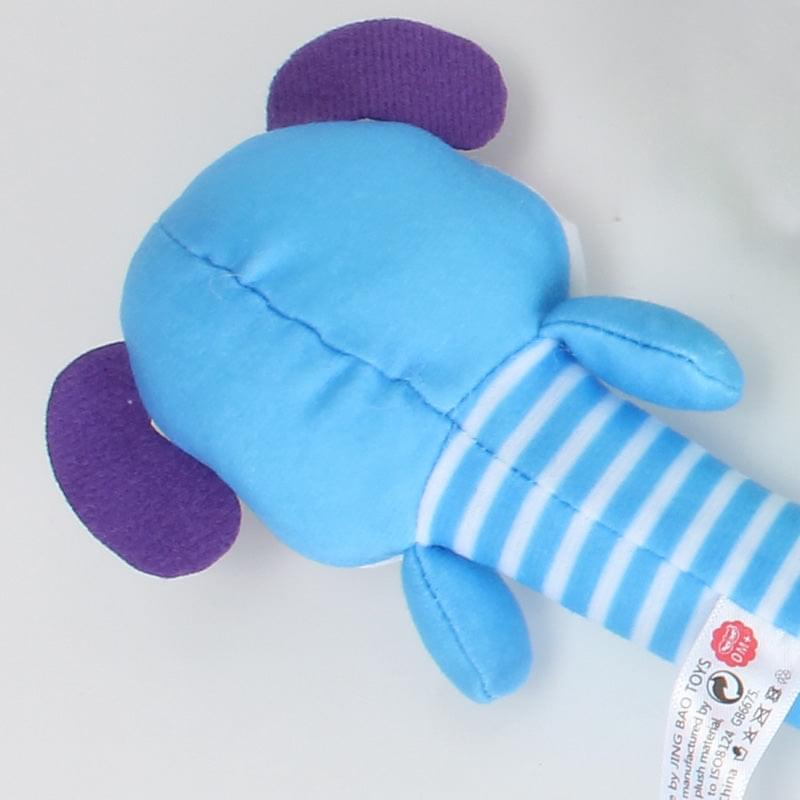 Soft blue dog baby squeaker toy with striped pattern for infants and toddlers