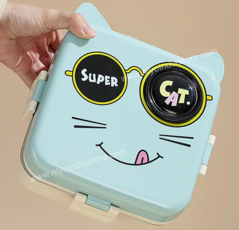 Cute blue durable kids lunch box with cat face design and fun sunglasses for school meals