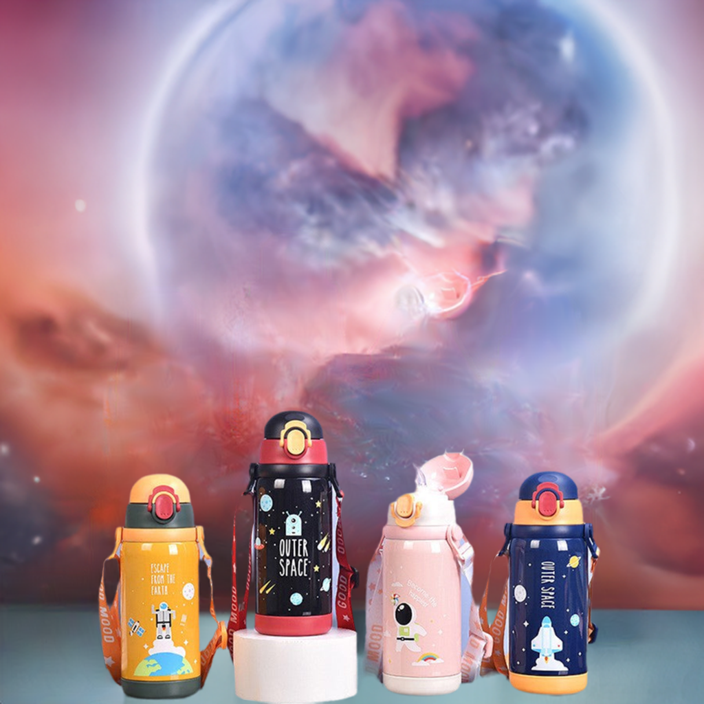 Colorful durable kids water bottle 450ml with fun outer space designs and easy-to-use lid