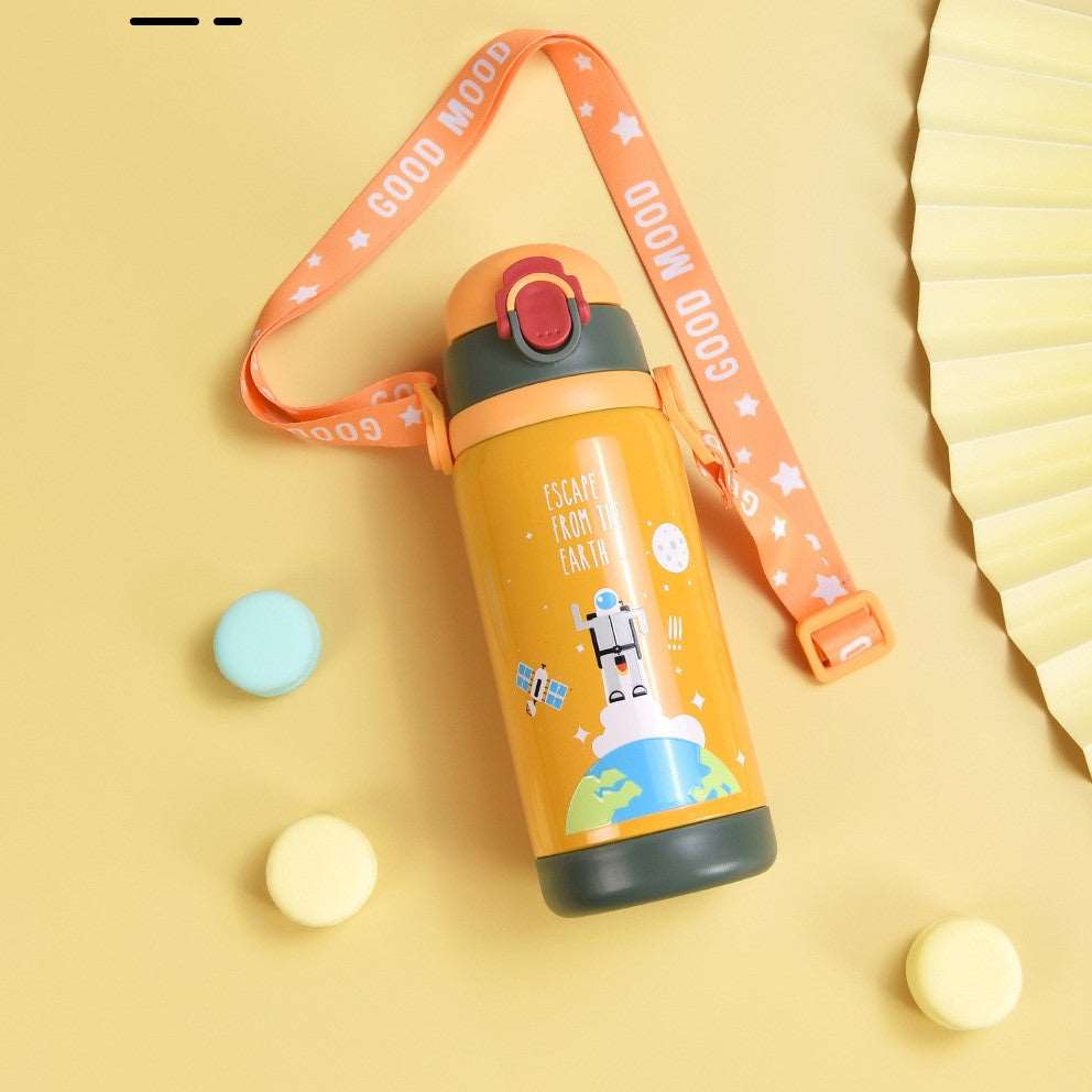 Durable kids water bottle 450ml in orange with space theme and adjustable strap