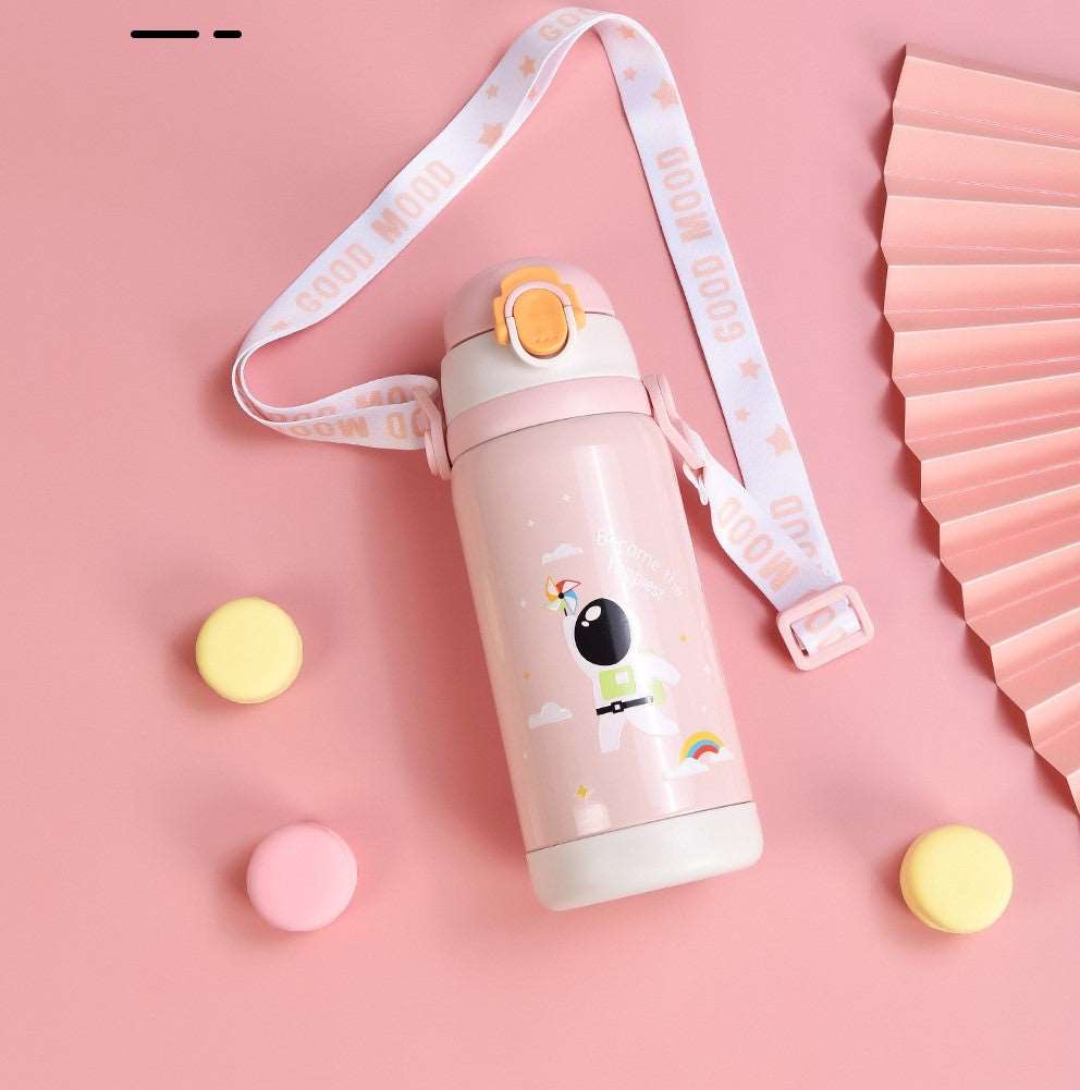 NIYO TOYS durable kids water bottle 450ml in pink with space-themed design and adjustable strap