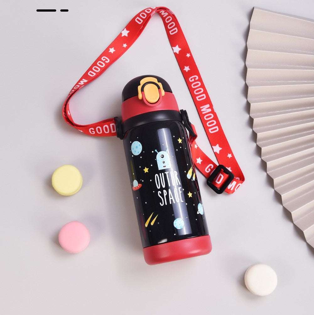 Durable kids water bottle 450ml with space theme design and adjustable strap for easy carrying