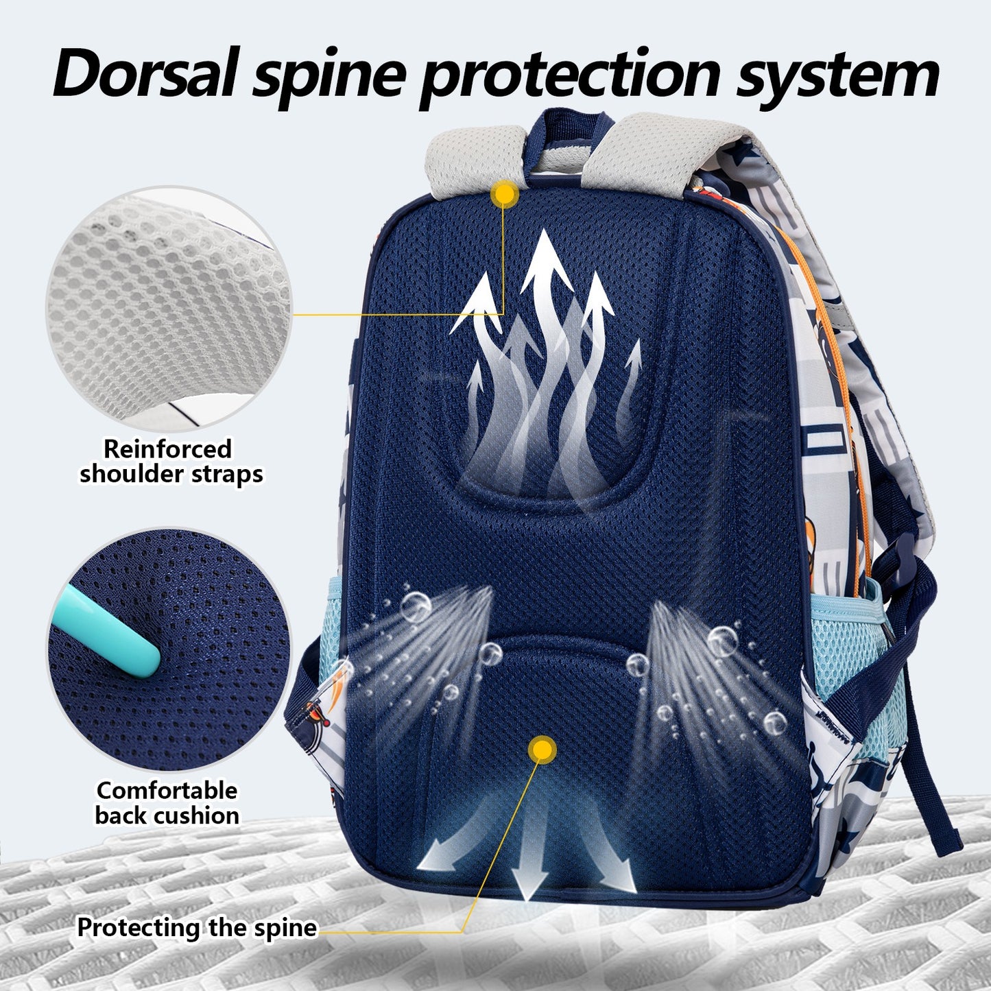 NIYO TOYS educational space theme backpack featuring a dorsal spine protection system for comfort and support