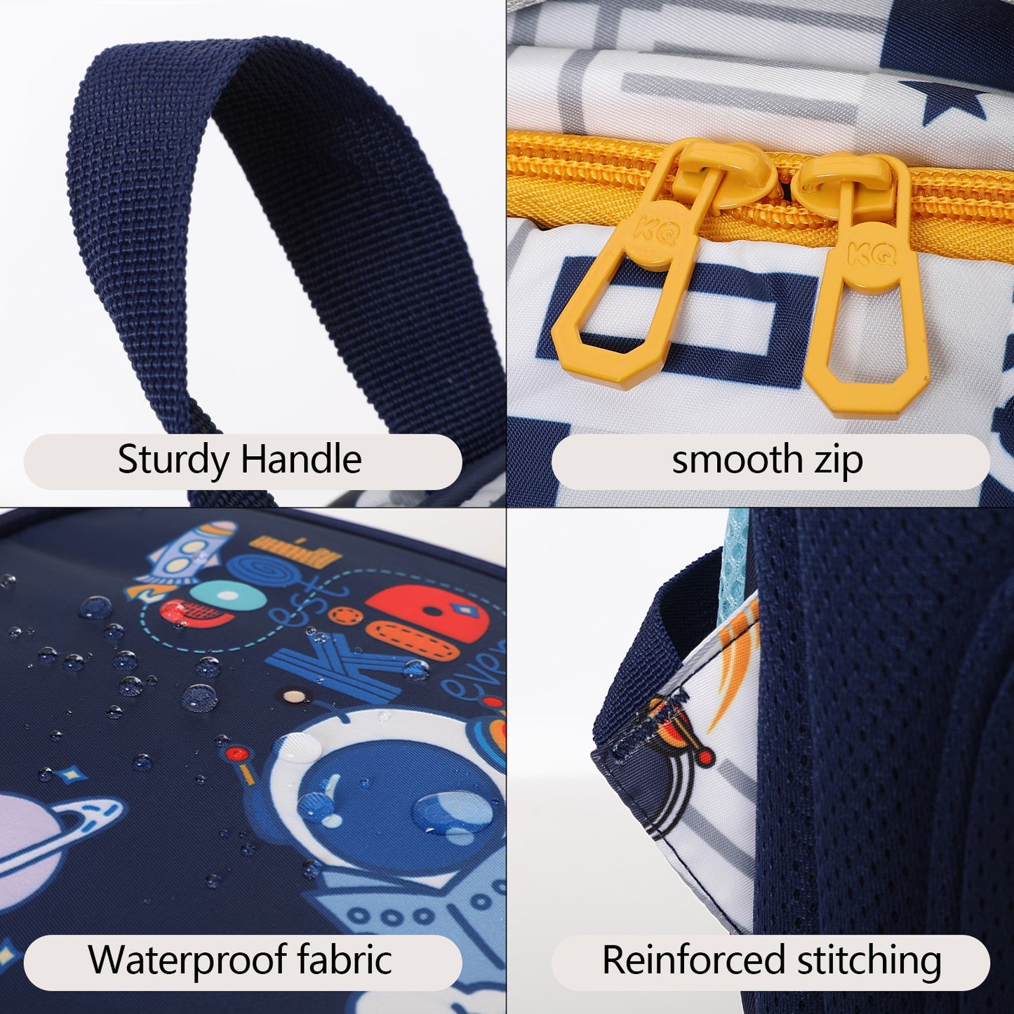 NIYO TOYS educational space theme backpack with sturdy handle, smooth zip, waterproof fabric, and reinforced stitching