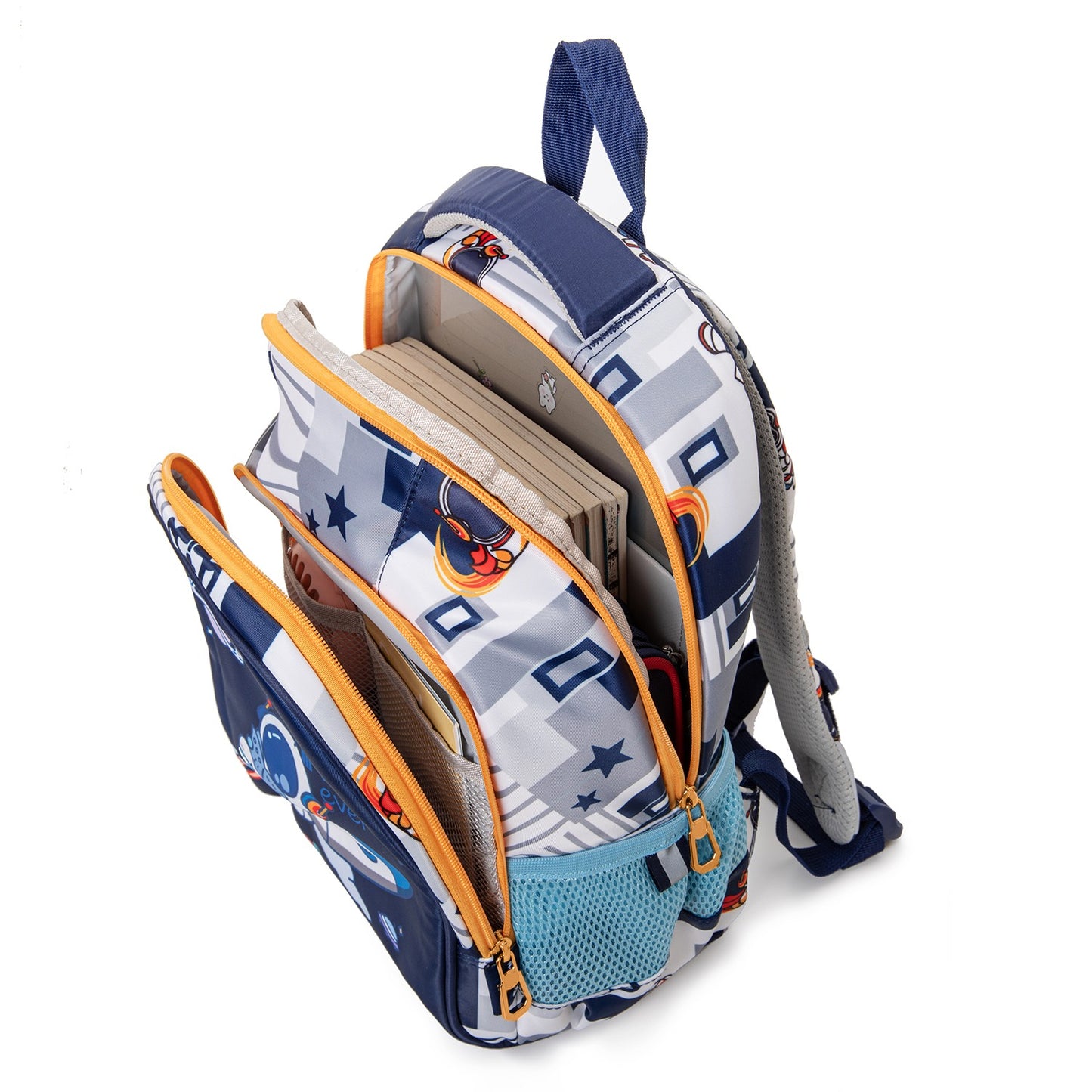 NIYO TOYS educational space theme backpack featuring multiple compartments for organization and fun designs