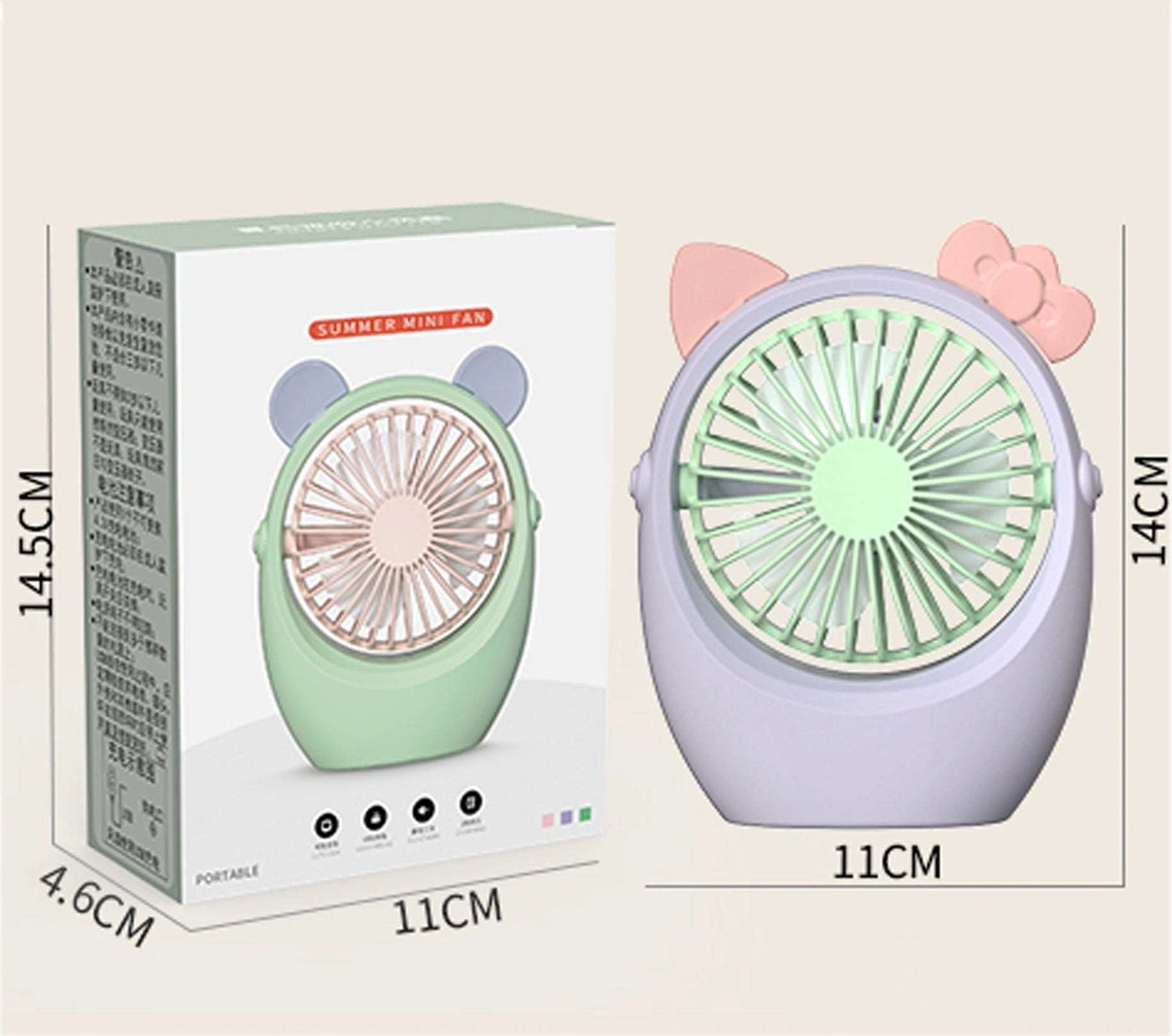 Portable green and purple NIYO TOYS fan mini with cute design, perfect for kids age 3 and up during hot summer days