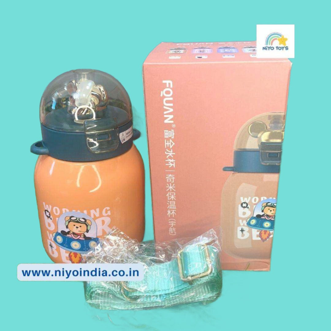NIYO TOYS 500ml water bottle with straw in orange with cartoon design and blue cap