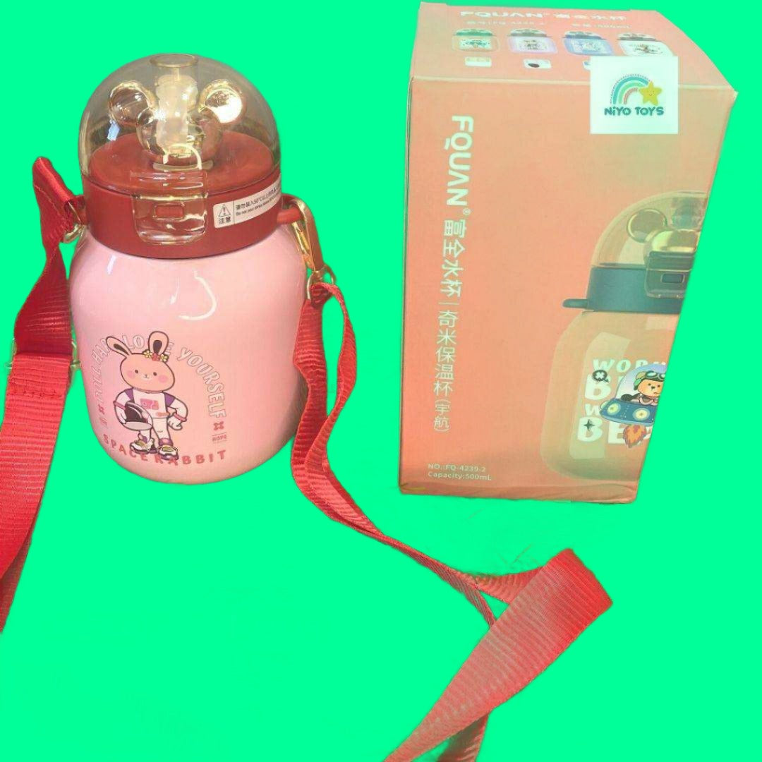 NIYO TOYS 500ml water bottle with straw in pink featuring a cute rabbit design and red strap