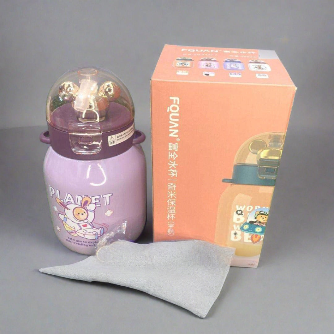 NIYO TOYS purple 500ml water bottle with straw featuring a space-themed design next to its packaging box