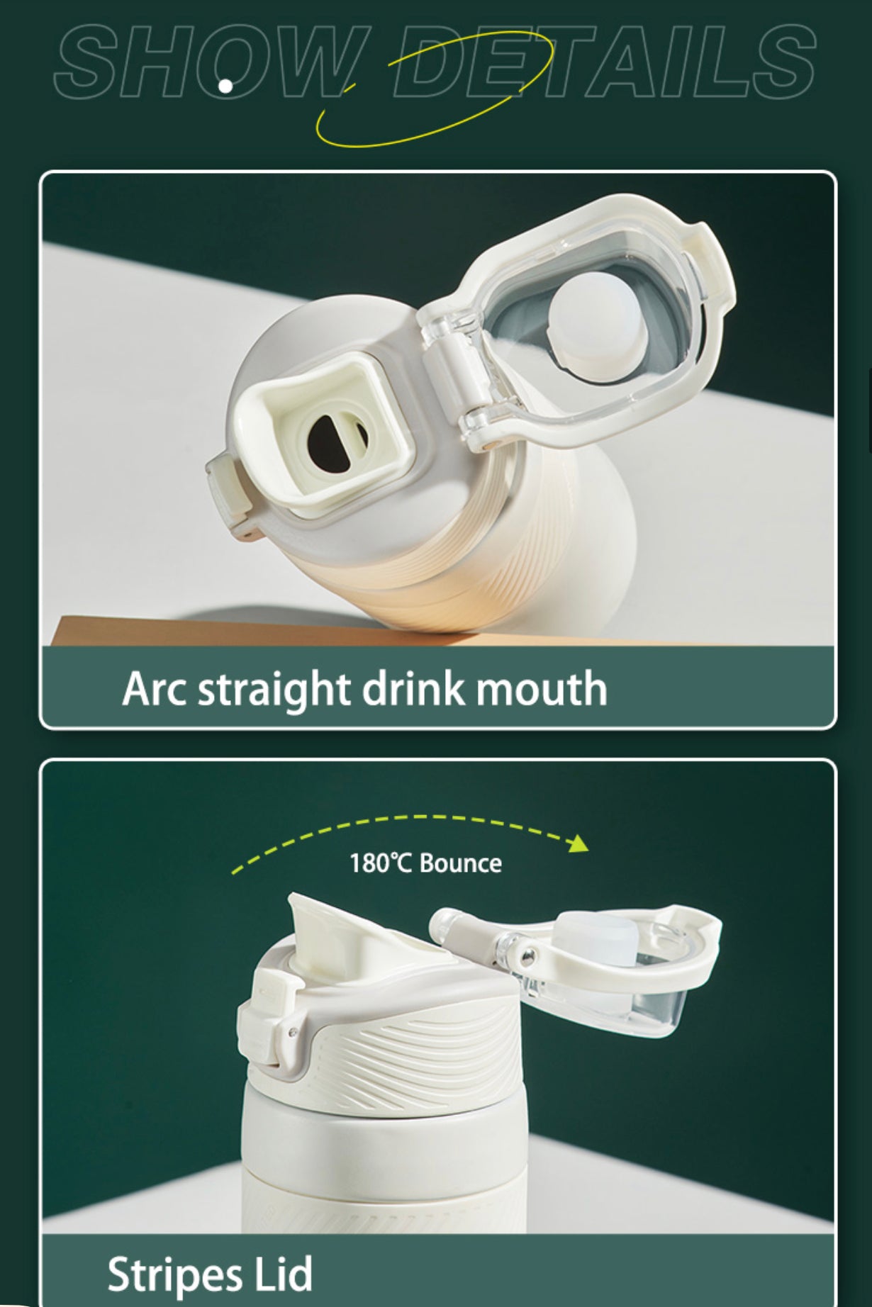 Close-up of NIYO TOYS durable vacuum flask 660ml showing arc straight drink mouth and stripes lid design