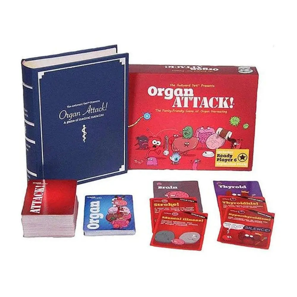 Fun organ attack board game including colorful cards and educational content for family game night