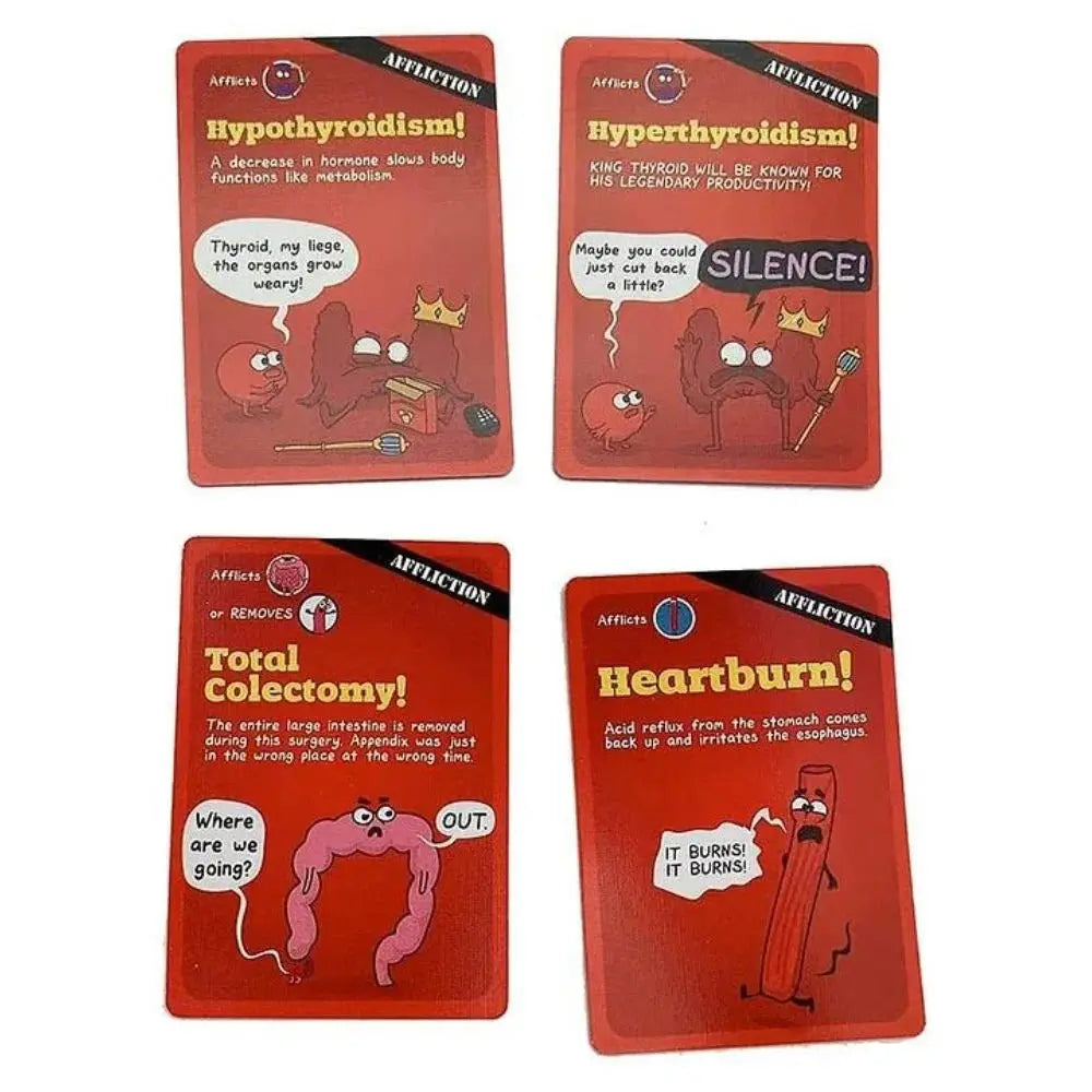 Fun organ attack board game cards featuring humorous afflictions like Hypothyroidism and Heartburn