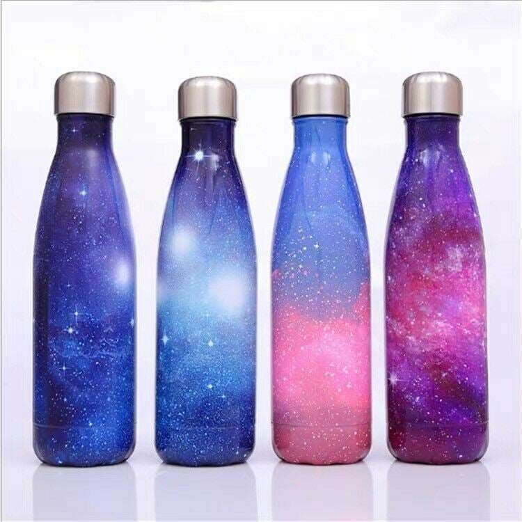 Galaxy insulated water bottles for kids in vibrant purple and pink designs, perfect for ages 3 and up
