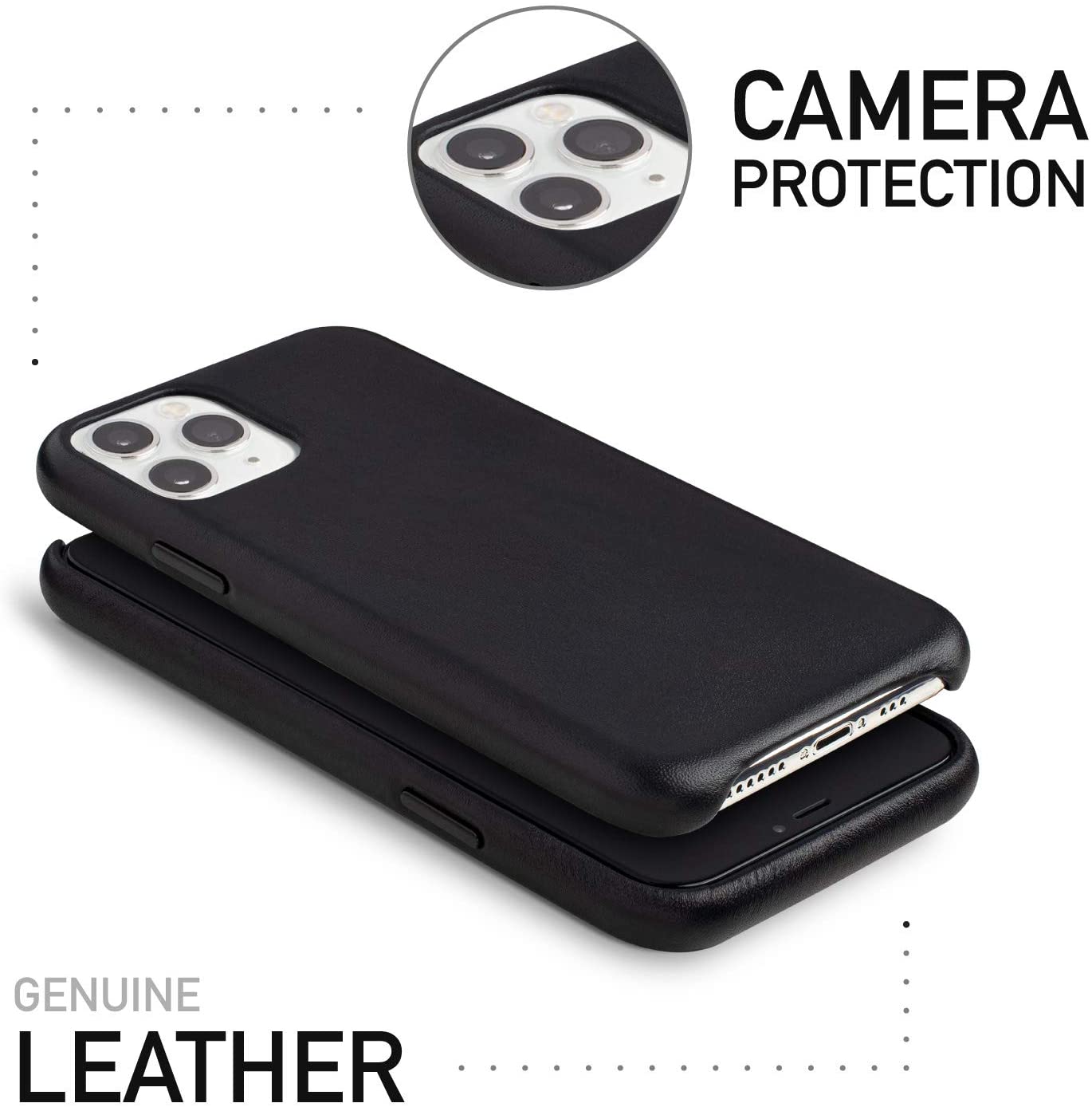 Genuine leather iPhone case with camera protection and sleek black design for enhanced durability