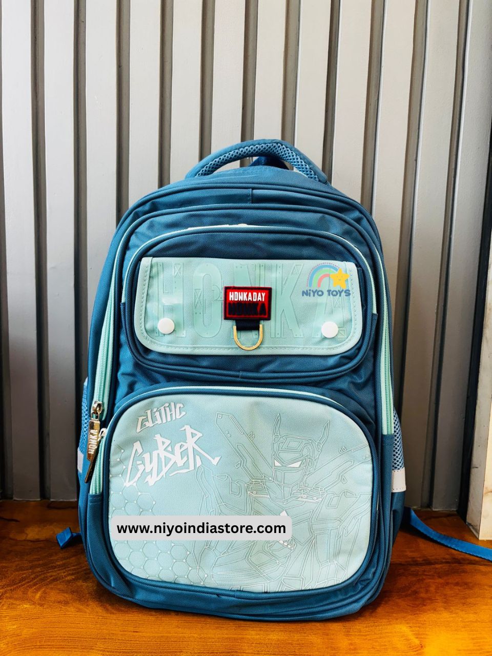 NIYO TOYS green and blue backpack 16 inch with front pocket and adjustable straps