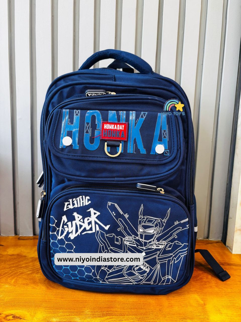 NIYO TOYS green and blue backpack 16 inch with stylish graphic design and multiple compartments