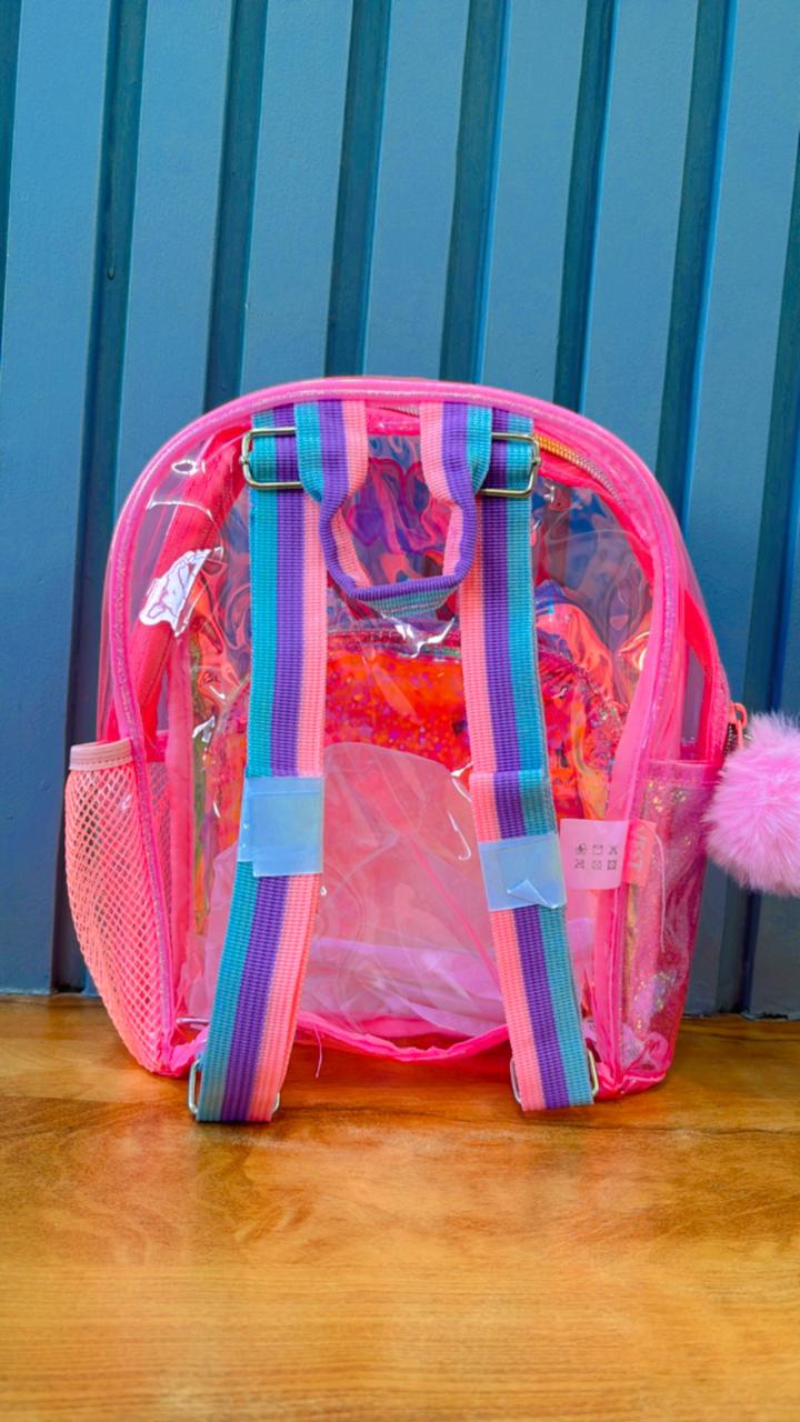 Holographic unicorn bag for kids with colorful straps and a fluffy pom pom charm