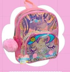 Holographic unicorn bag for kids with sparkly front pocket and fluffy pom-pom detail