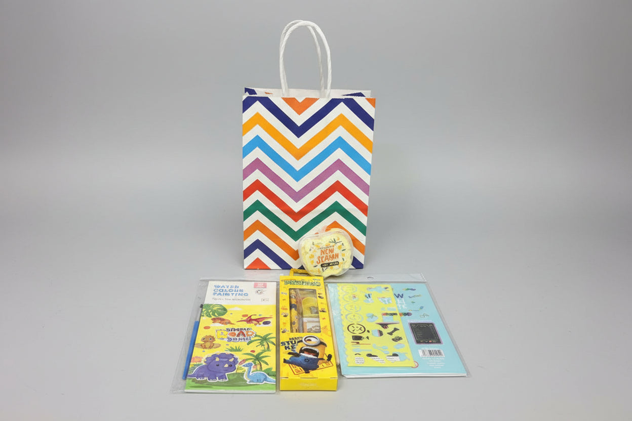 Colorful striped gift hamper with toys and activities, perfect for birthday ideas for gift hamper