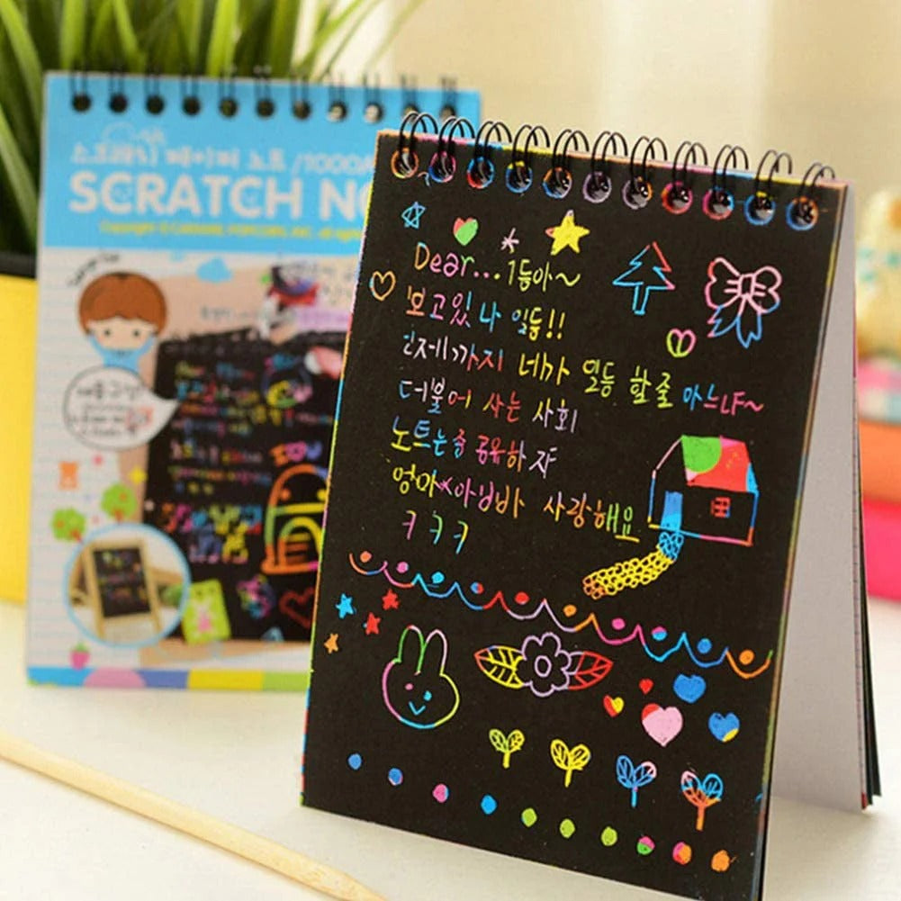 NIYO TOYS colorful scratch notebook return gift with spiral binding and vibrant drawings on black pages