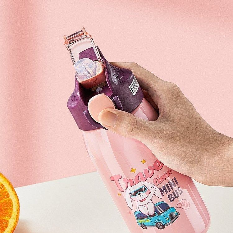 Cute Print Water Bottle with Sipper One Touch Open Bottle with Straw 530ml