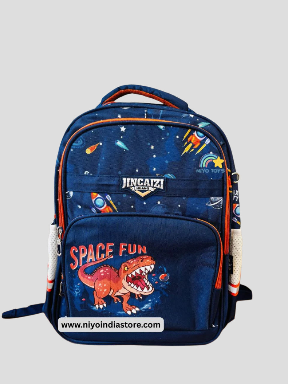 NIYO TOYS space dinosaur backpack for kids featuring a vibrant design with rockets and dinosaurs