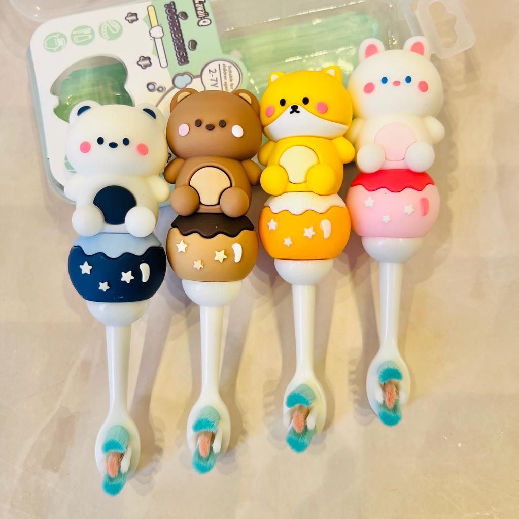 Set of NIYO TOYS kids 3D teddy bear toothbrushes in fun animal designs for playful dental hygiene