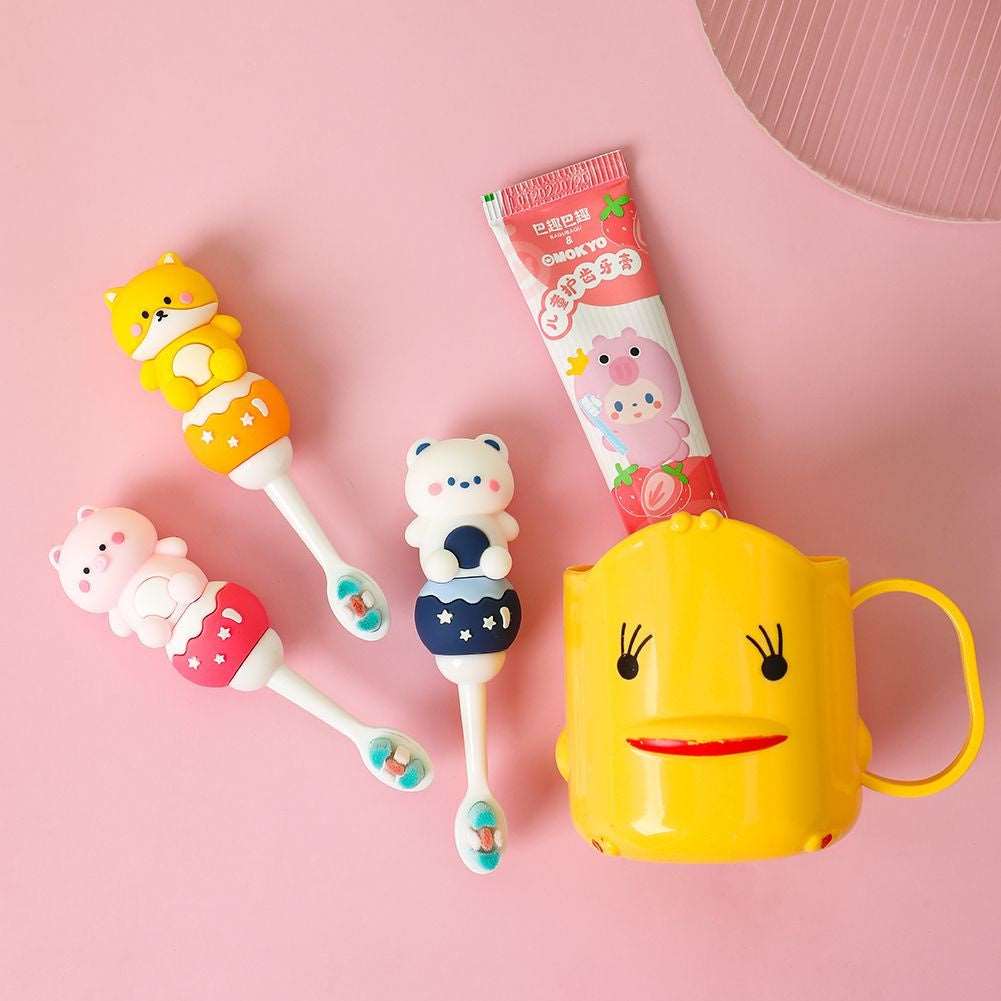 NIYO TOYS kids 3D teddy bear toothbrushes in colorful designs with a fun cup and toothpaste for children