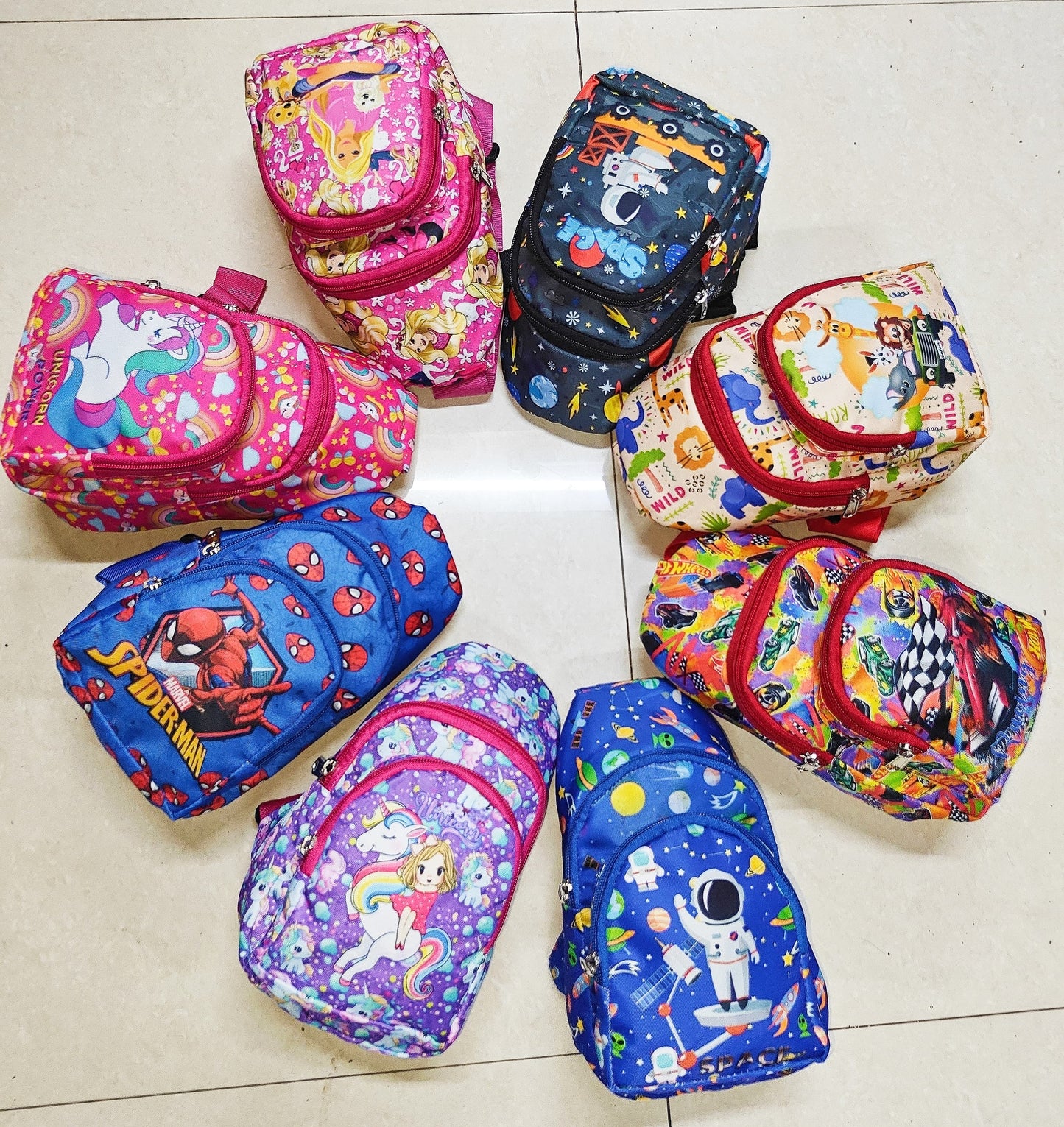 Colorful kids cartoon cross bags featuring various characters for school and play