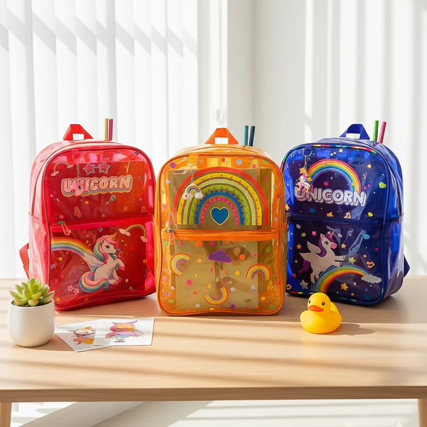 NIYO TOYS kids neon transparent school bag featuring colorful unicorn and rainbow designs