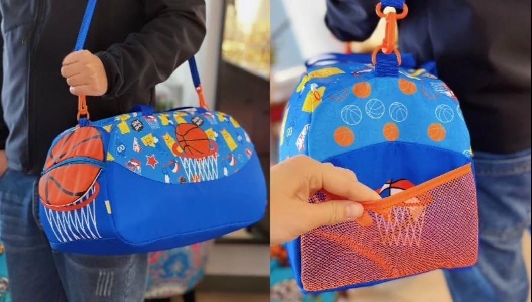 Large unicorn duffle bag with colorful basketball print and mesh pocket for storage