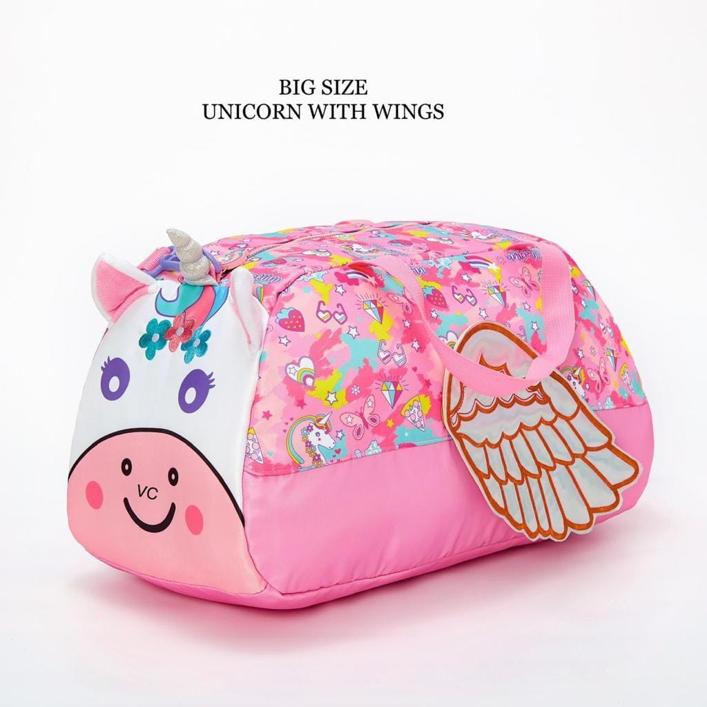 Large unicorn duffle bag with wings in vibrant colors, perfect for kids' adventures