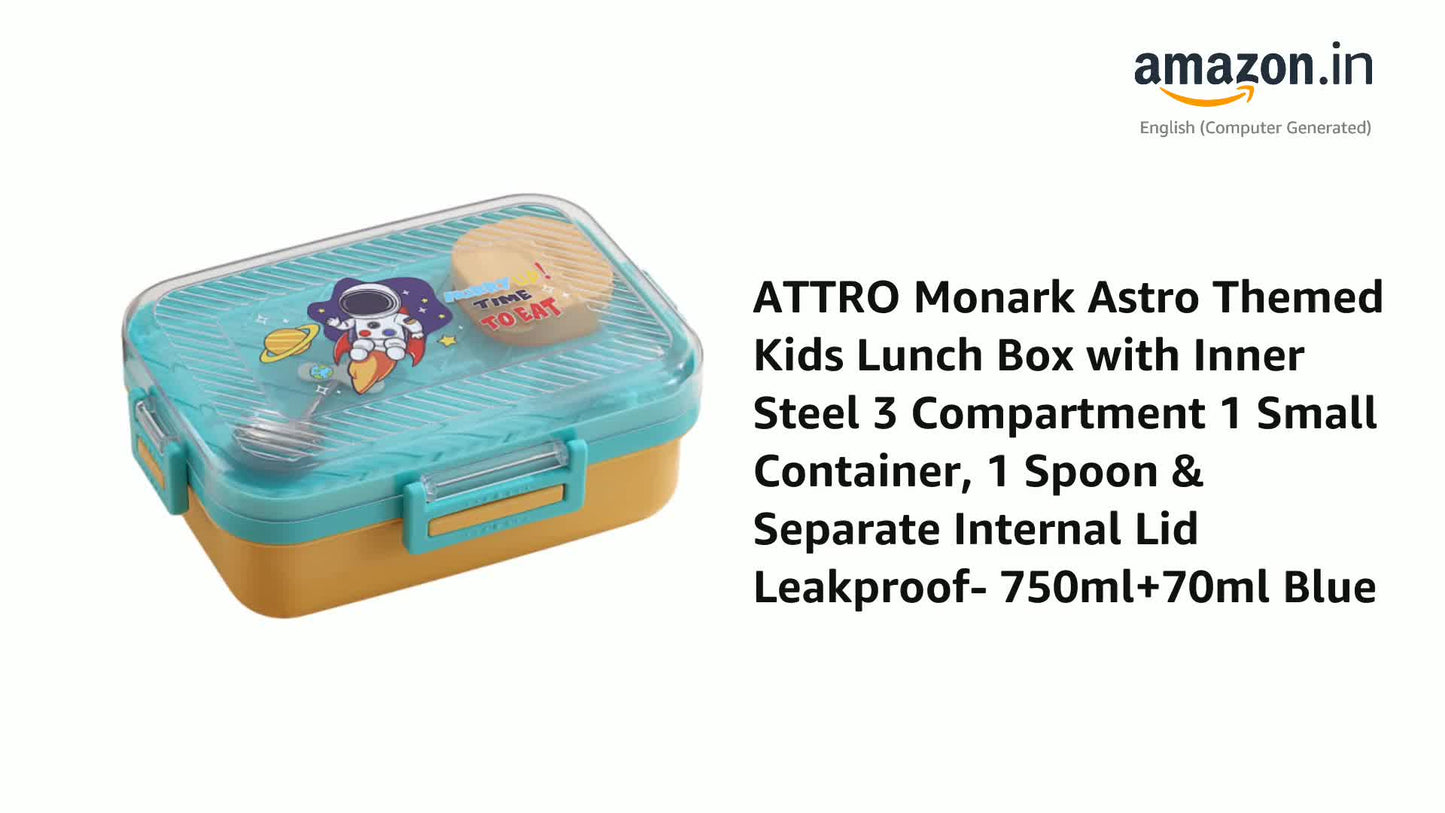 ATTRO Monark Astro Themed Kids Lunch Box with Inner Steel, 3 Compartment and Leakproof kids lunch box in Blue