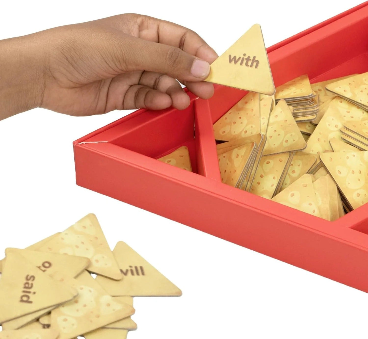 NIYO TOYS educational word learning triangle puzzle pieces in red tray for kids