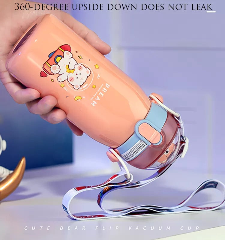 NIYO TOYS Cute Bear Flip Vacuum Cup in Pink, 360-degree leak-proof design for easy use