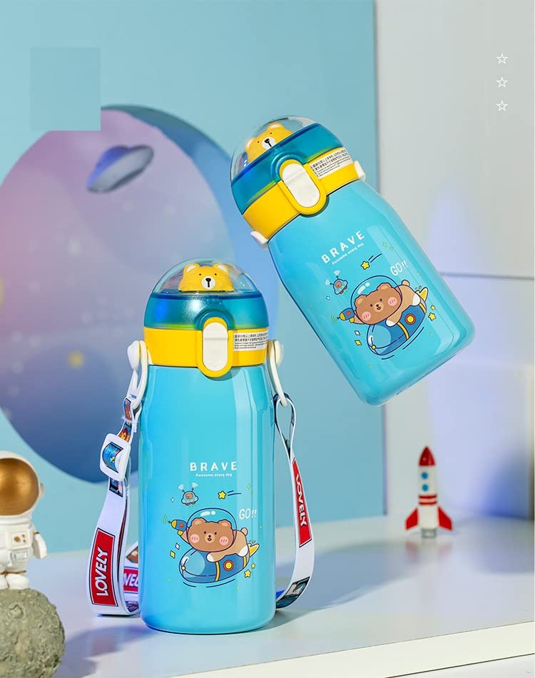 NIYO TOYS Blue Kids Water Bottle with Astronaut Design and Adjustable Strap for Outdoor Fun