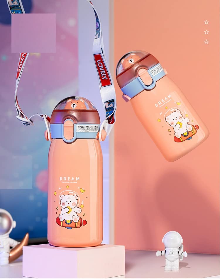 NIYO TOYS Dreamy Pink Water Bottle with Cute Bear Design and Adjustable Strap for Kids