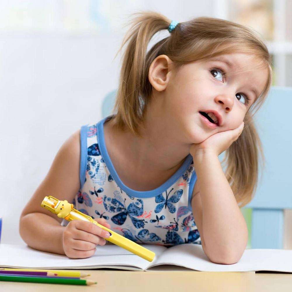 Little girl writing with a yellow kawaii mechanical pencils in a bright, colorful classroom