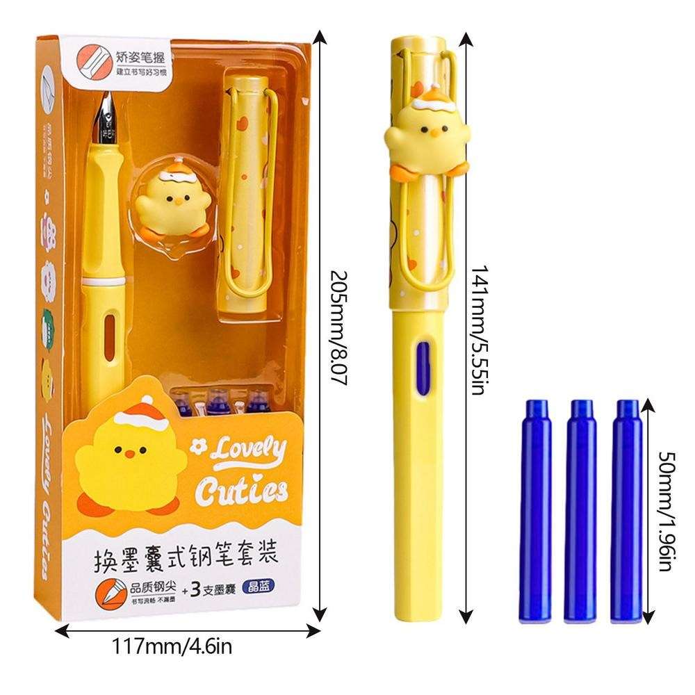 Kawaii mechanical pencils set in yellow with cute chick design and three blue ink refills