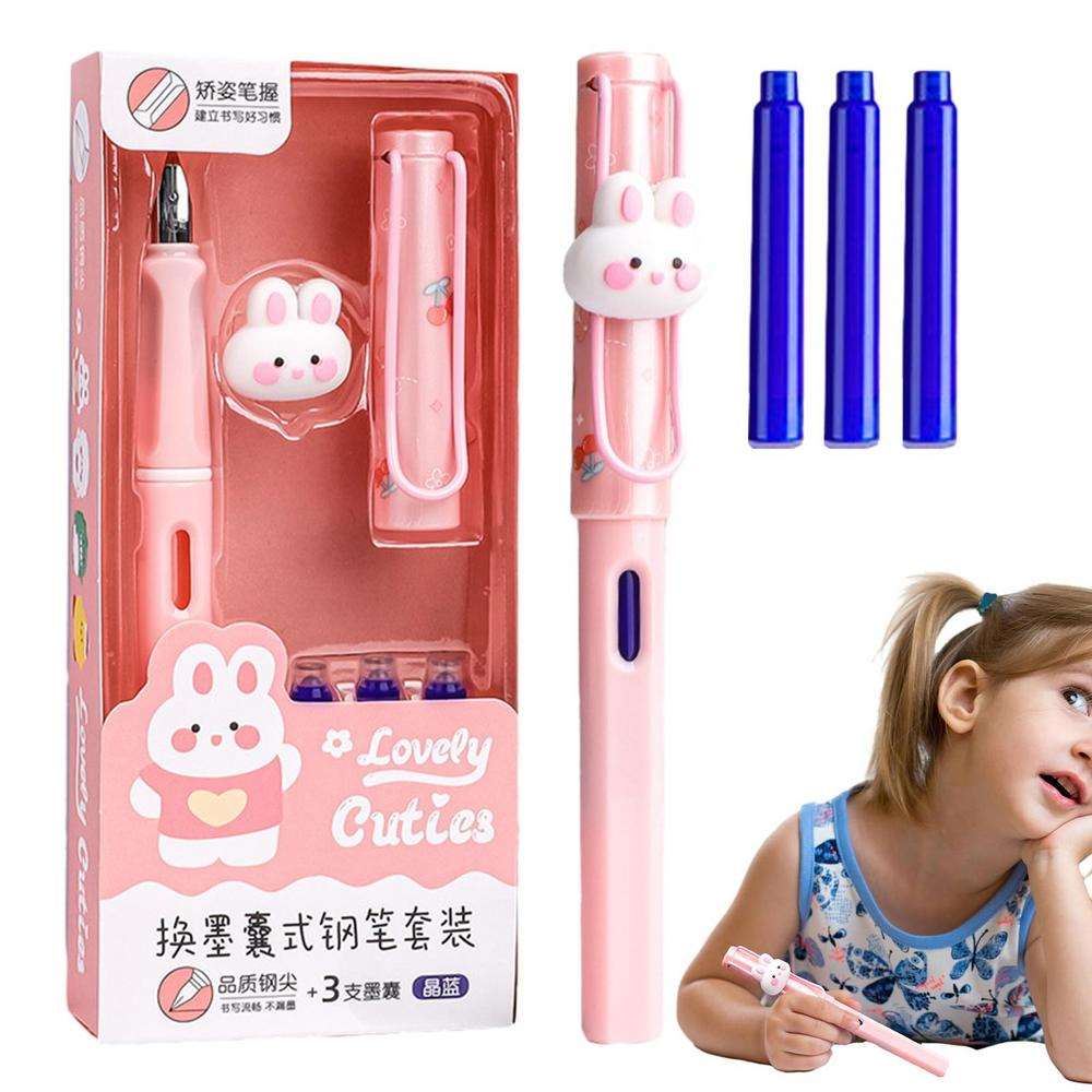 Kawaii mechanical pencils set in pink with rabbit design and colorful ink refills for cute stationery lovers
