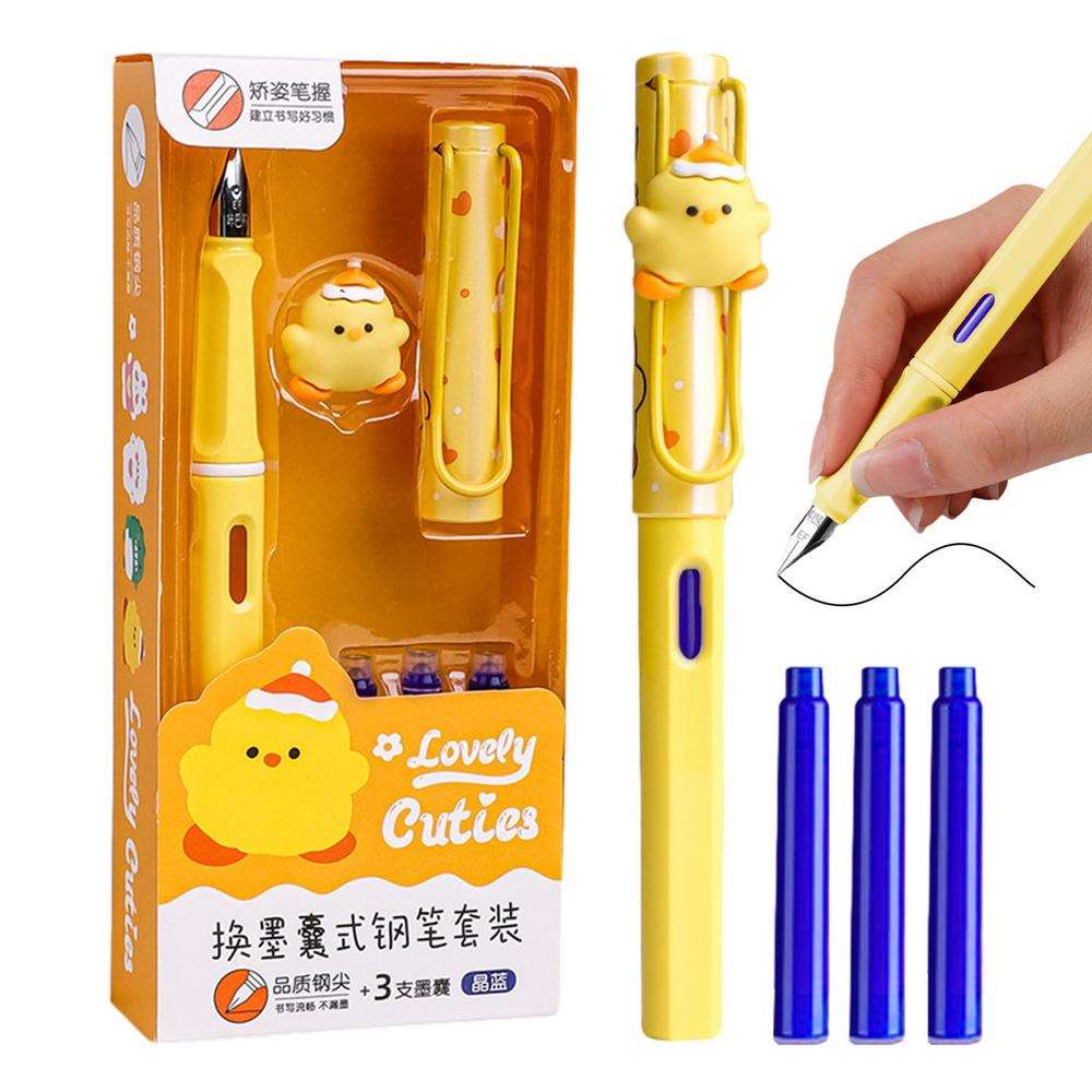 Kawaii mechanical pencils in yellow with cute character design and three refill colors for school use