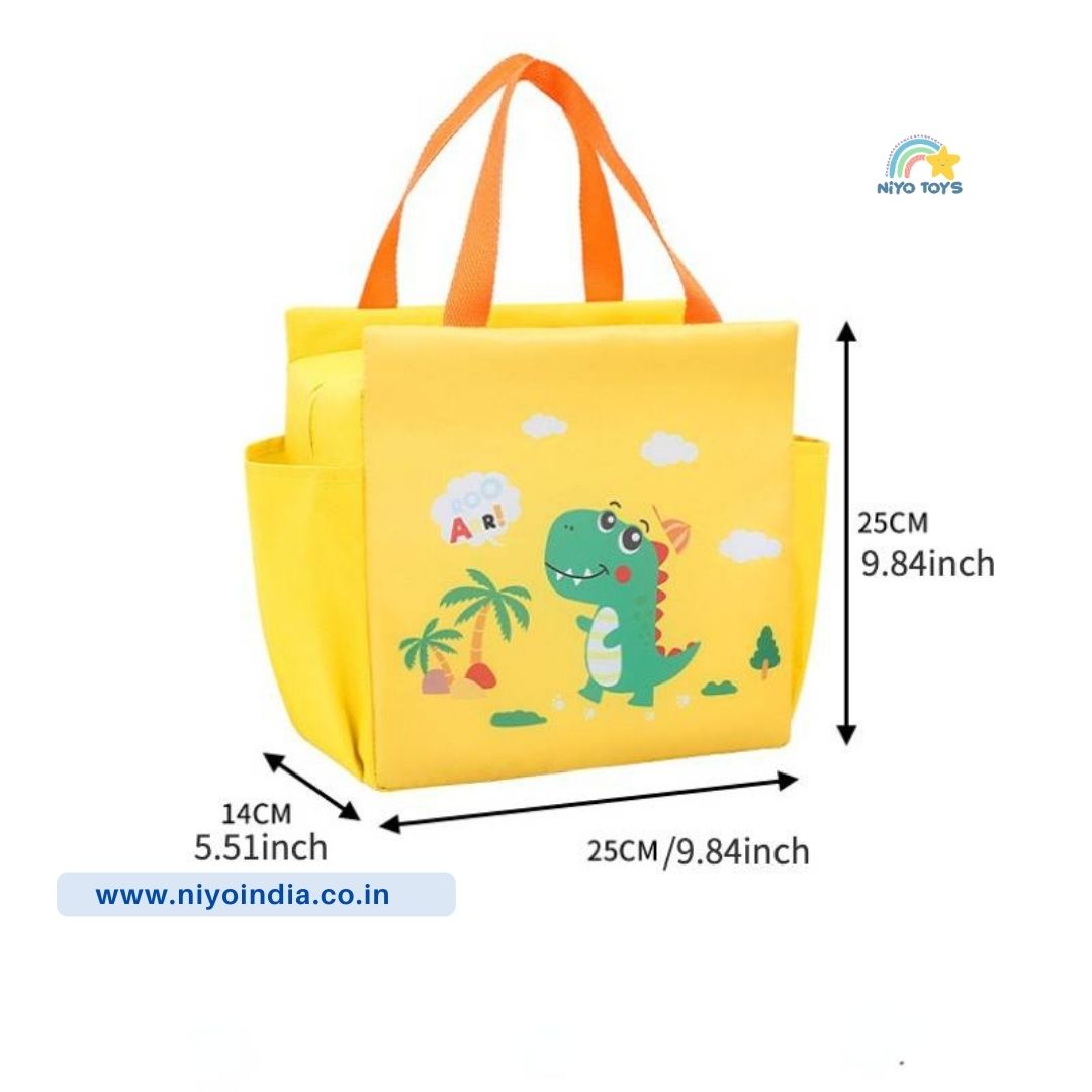 Yellow lunch bag Stanley with dinosaur design, perfect for kids age 3+, ideal for school or picnics
