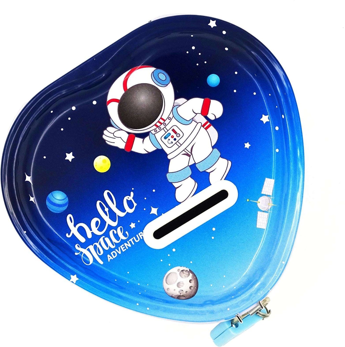 Heart-shaped money box with astronaut design, blue color, perfect for kids ages 3 and up