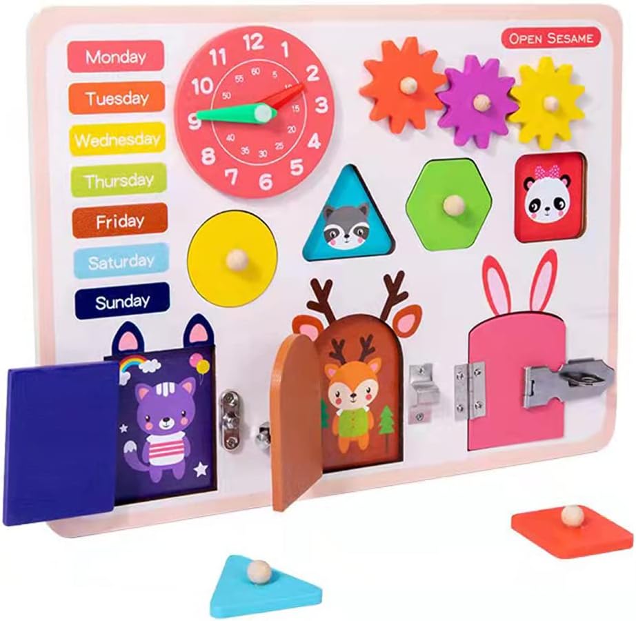 Interactive Montessori toys for toddlers with doors, shapes, and a clock for learning playtime