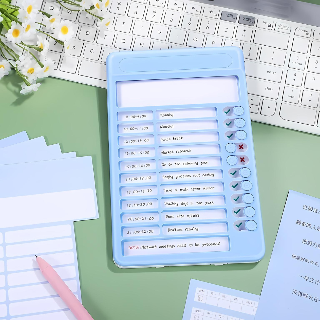 Multifunctional schedule tracker for kids with time slots and checkboxes for tasks.