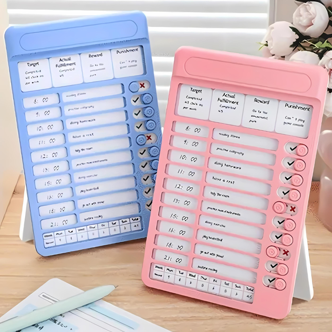 NIYO TOYS multifunctional schedule tracker for kids in blue and pink with checkboxes for tasks and rewards