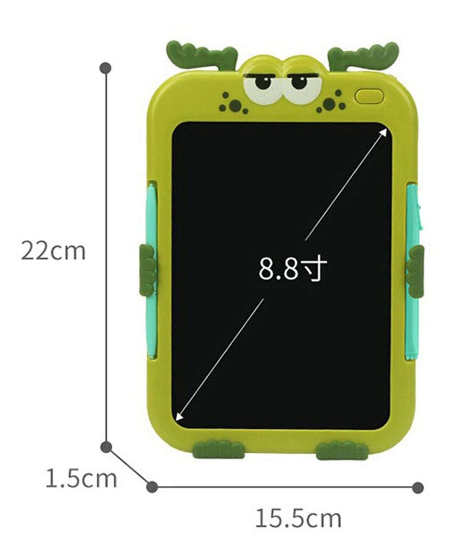 NIYO TOYS LCD drawing board for kids in green with frog design and dimensions for easy use