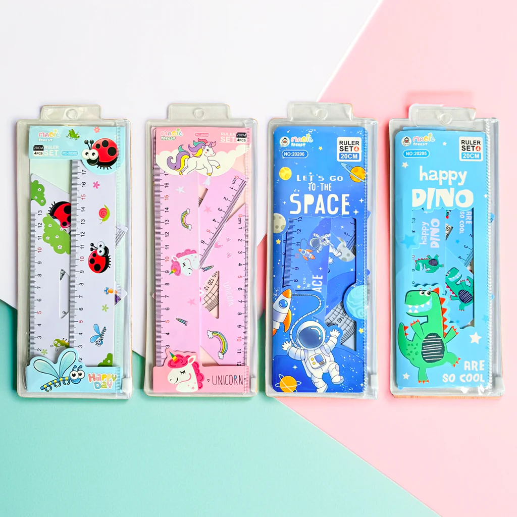 NIYO TOYS return gift sets with colorful themed rulers and stationery for kids including ladybug, unicorn, space, and dinosaur designs